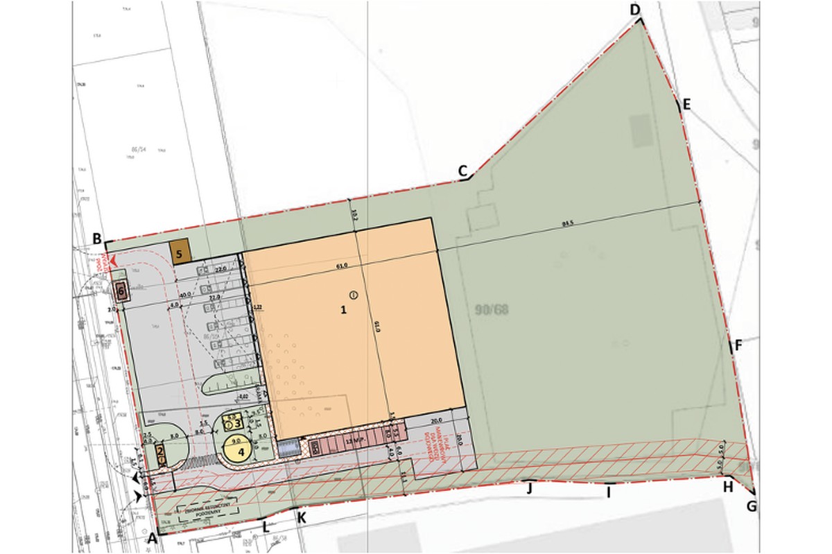 Site development plan — an investment plot with the proposed hall outline