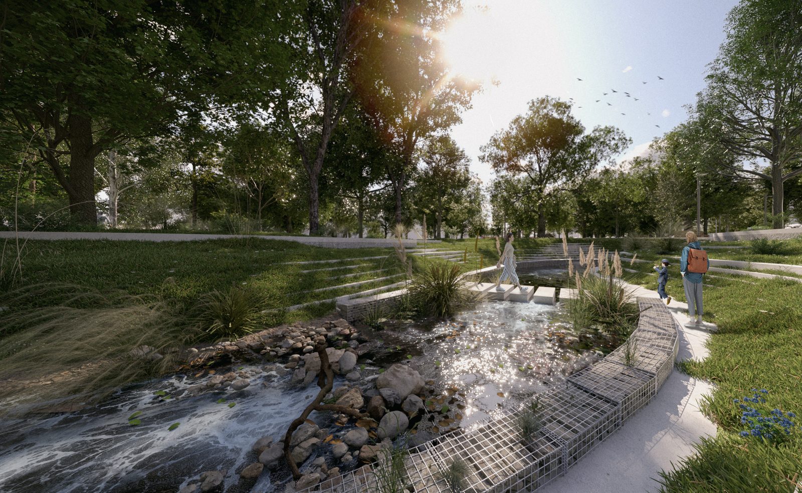 Park with a retention basin, a stream and planted greenery
