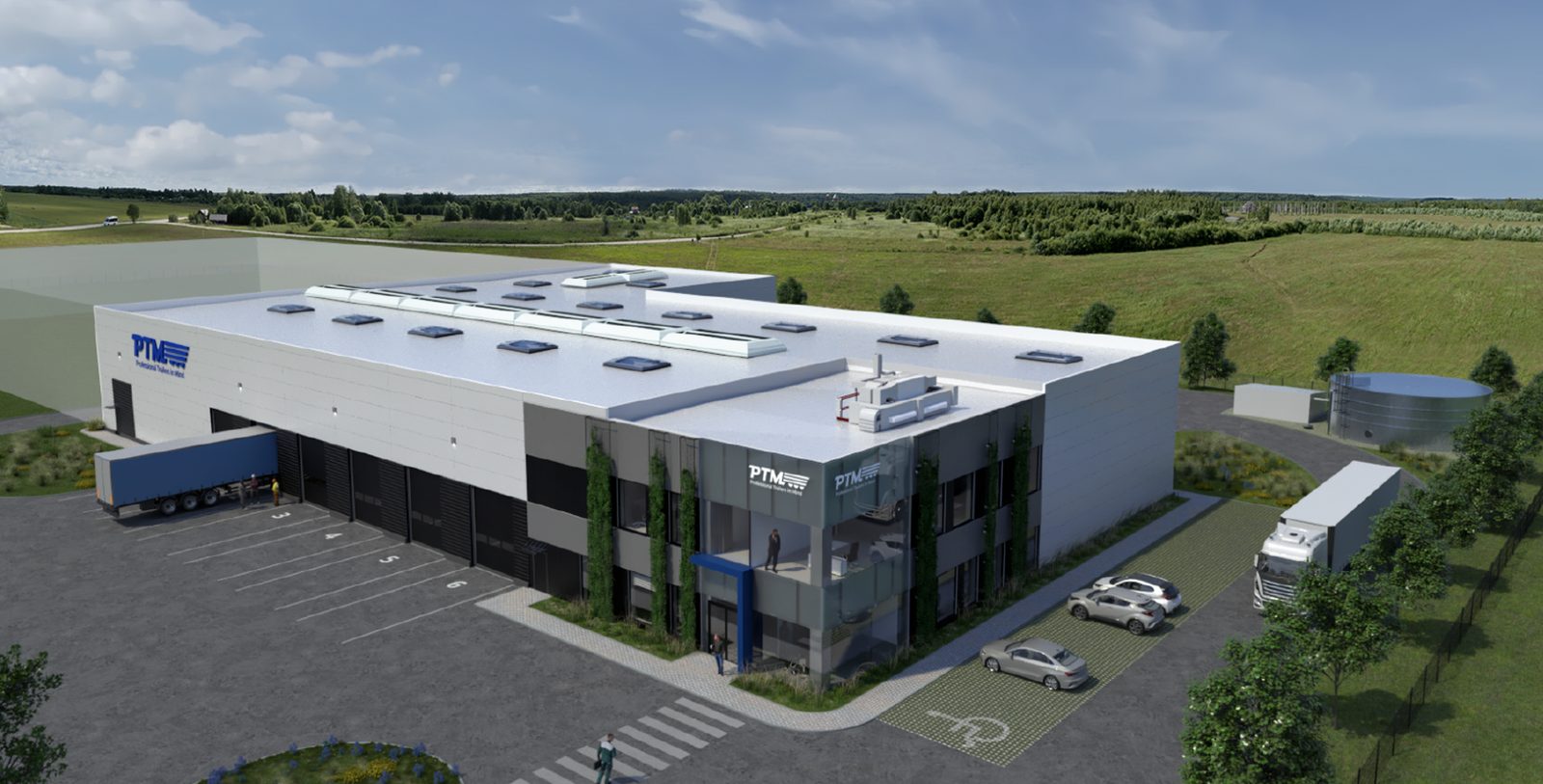 Production and warehouse plant with an office wing, seen from the air