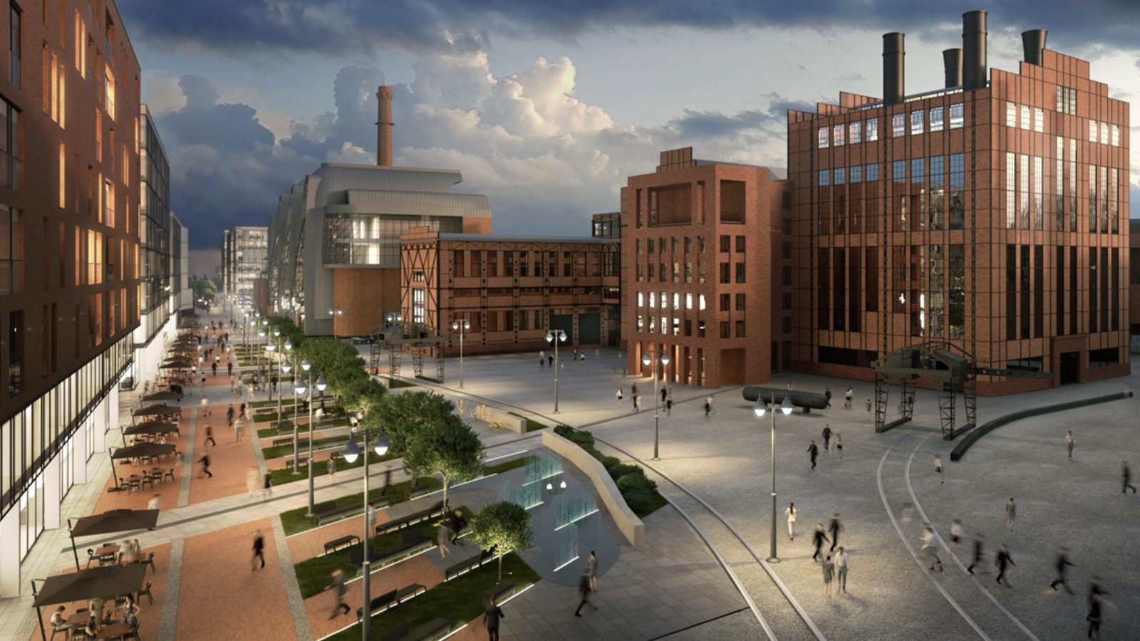 Regenerated post-industrial quarter with a city square and a promenade